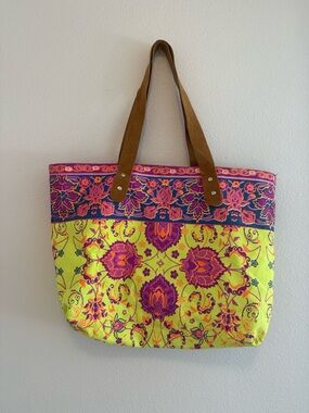 Vibrant Floral Tote Bag with Brown Straps